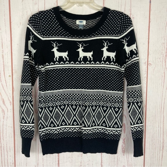 Old Navy M Medium Blue Christmas Winter Knit Sweater Deer Argyle Aztec Flaws - Picture 2 of 11